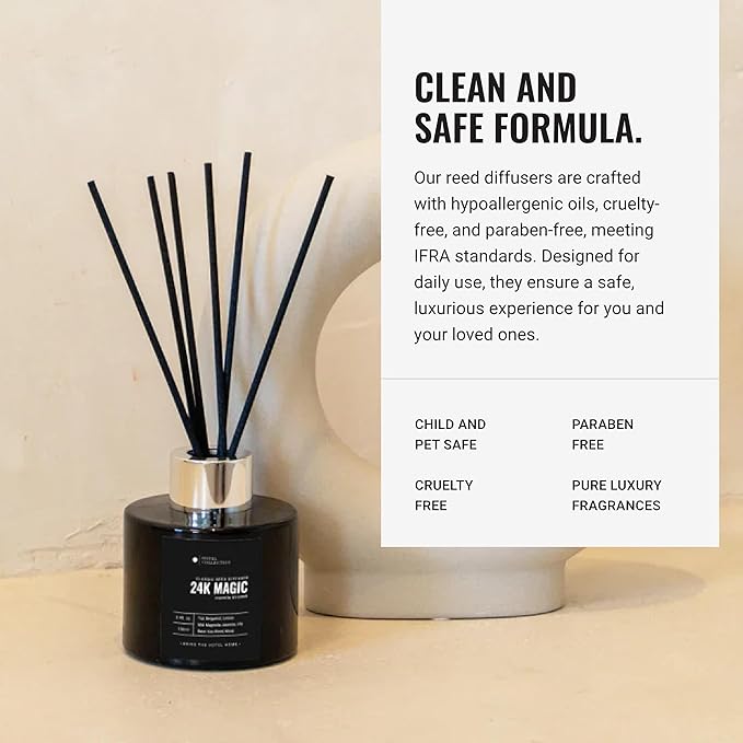Hotel Collection - 24K Magic - Reed Diffuser Set - Luxury Aromatherapy - Lemon, Bergamot, Black Fig, Cedarwood, Amber, Musk & Blonde Woods - Essential Oil Diffusers - Shelf Decor - 100mL/3.5 FL oz