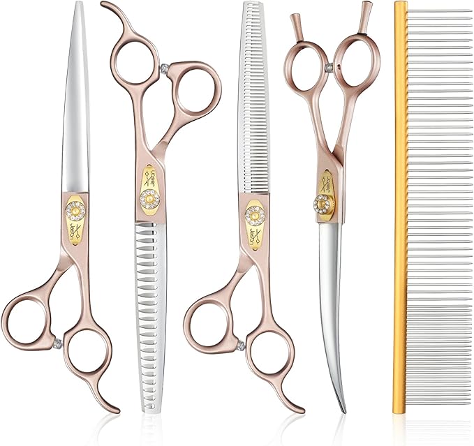 JASON Professional 6 in 1 Dog Scissors Kit - 7.5" Thinning, Chunker, Straight, Curved Shears and Comb for Cat, Rosegold