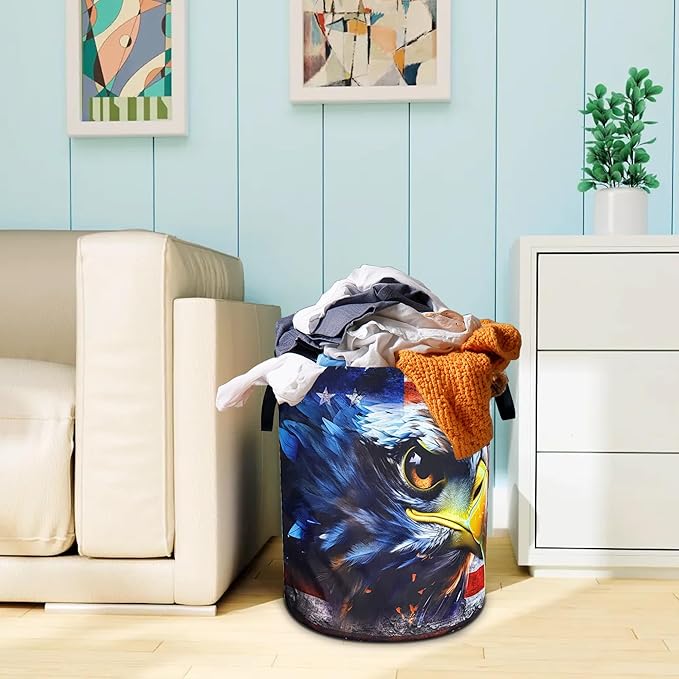 Vintage American Flag Eagle Laundry Basket Patriotic Oxford Cloth Laundry Hamper With Handle Foldable Portable Clothes Storage Basket 18.9 X 16.5 Inch Storage Bag For Laundry Room/Bathroom/Bedroom
