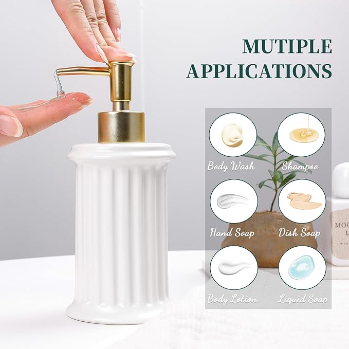 Bosilunlife Hand Soap Dispenser Ceramic - 9.5oz Lotion Dispenser for Bathroom, Dish Soap Dispenser for Kitchen, Modern Easy-to-Press, Refillable for Shampoo, Shower Gel, Cleanser, Hand Soap (White)