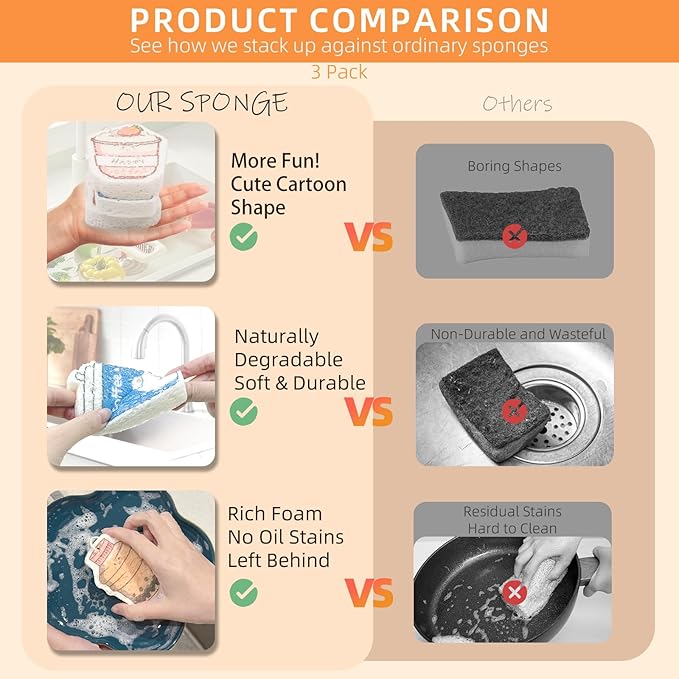 3 Pcs Compressed Wood Pulp Cotton Sponges with Hanging String, Bulk Cleaning Sponges for Dishes Kitchen Bathroom, Non-Scratch Durable and Absorbent Design, Cute Drink-Shaped