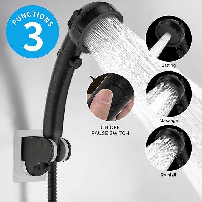 KAIYING Drill-Free High Pressure Handheld Shower Head with ON/OFF Pause Switch 3 Spray Modes Water Saving Showerhead, Detachable Puppy Shower Accessories (Oil-Rubbed Bronze)