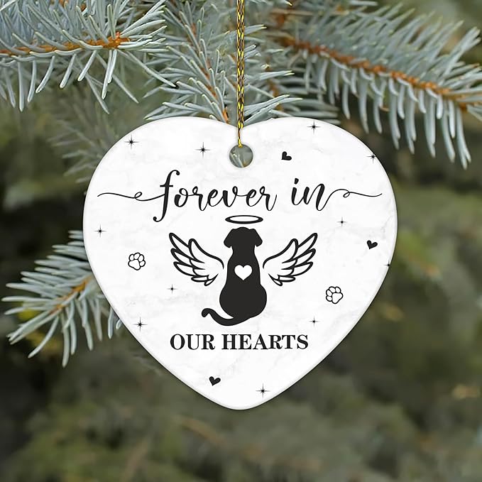 Hyturtle Dog Memorial Heart Ornament - Ceramic Pet Loss Keepsake with Angel Wings - Forever in Our Hearts Remembrance Christmas Ornament for Dog Lovers - 3 Inch Ceramic Hanging Gift Memorial 8