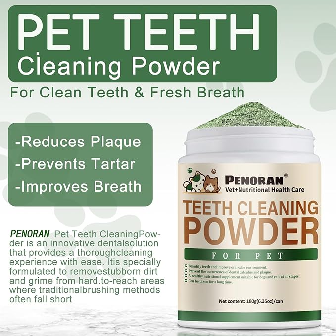 Pet Teeth Cleaning Powder 6 oz - Dog Dental Care, Dogs & Cats Tooth Cleaning, Tartar Cleaning and Removal, Fighting Bad Breath, Oral Care, Breath Freshener