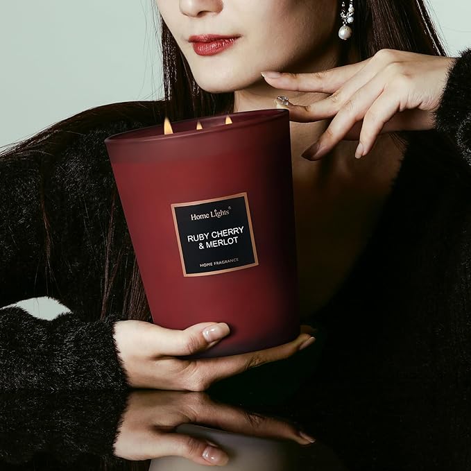 HomeLights Scented Candles - Large Jar Aromatherapy, Natural Soy Wax, 130 Hour Long Burning, Ruby Cherry & Merlot