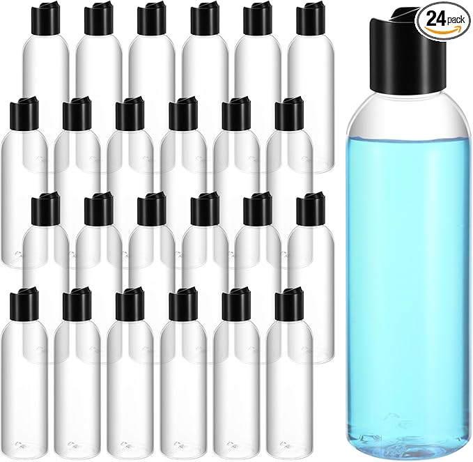 24 Pcs 6.8 oz (200ml) Plastic Empty Bottles Clear PET Refillable Travel Bottles with Disc Top Caps – Leakproof Squeeze Containers for Shampoo, Lotion, Cream & Toiletries
