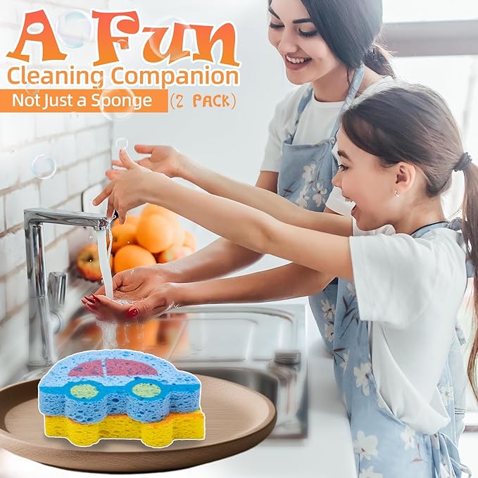 2 Pcs Cute Compressed Wood Pulp Cotton Sponges, Reusable and Highly Absorbent for Dishwashing, Kitchen Surfaces, and Bathroom Cleaning, Bus and Car-Shaped