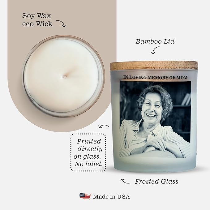 Custom Photo Candle | Printed on Glass | Memorial for Parent, Mother, Dad, Dog, Cat, Pet Memorial | Condolence Remembrance, Light Remains | Engraved Lid | Scented, Soy Wax, USA Made | Keep&Present