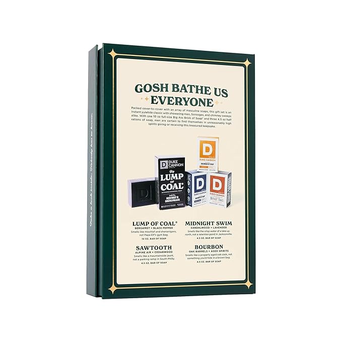 Duke Cannon Men’s Holiday Soap Gift Set – Lump of Coal 10 oz Bar + 3 Junior Bars (American Bourbon, Sawtooth, Midnight Swim) – Christmas Gift, Stocking Stuffer, Grooming Set for Men