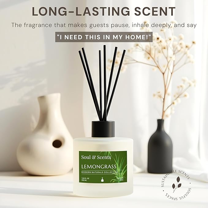 Soul & Scents Reed Diffuser Set – Lemongrass | 7.43 oz Refillable Scented Oil with 6 Fiber Sticks | Long-Lasting Home Fragrance & Air Freshener for Bedroom, Bathroom, Office | Gift & Décor Piece