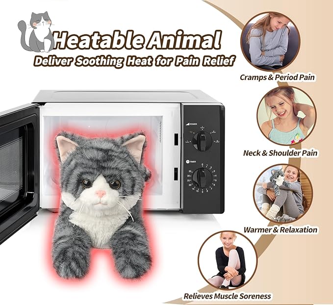 Gray Tabby Cat Stuffed Animals, Microwavable Stuffed Animal Adorable Fluffy Cat Plush for Warmth & Comfort, Heatable & Coolable Lavender Scent Cat Toys, Cute Soft Plushies Cat Gifts for Kids & Adults