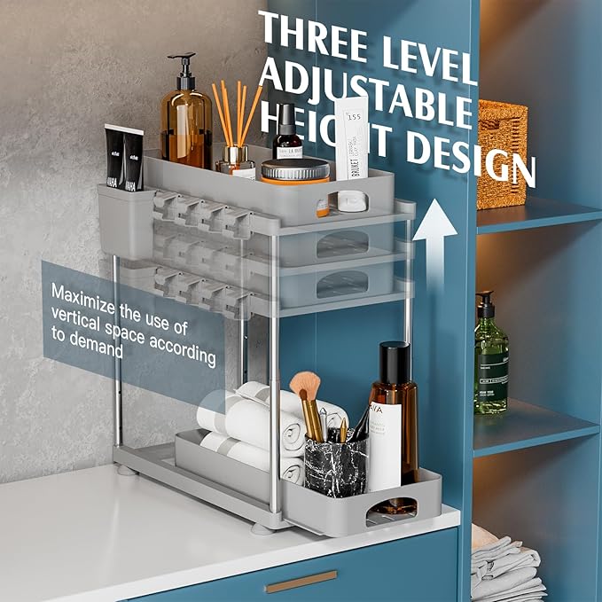 2 Pack Adjustable Gray Under Sink Organizers, 2 Tier Pull Out Storage, Kitchen Bathroom Office Laundry Room Living Room