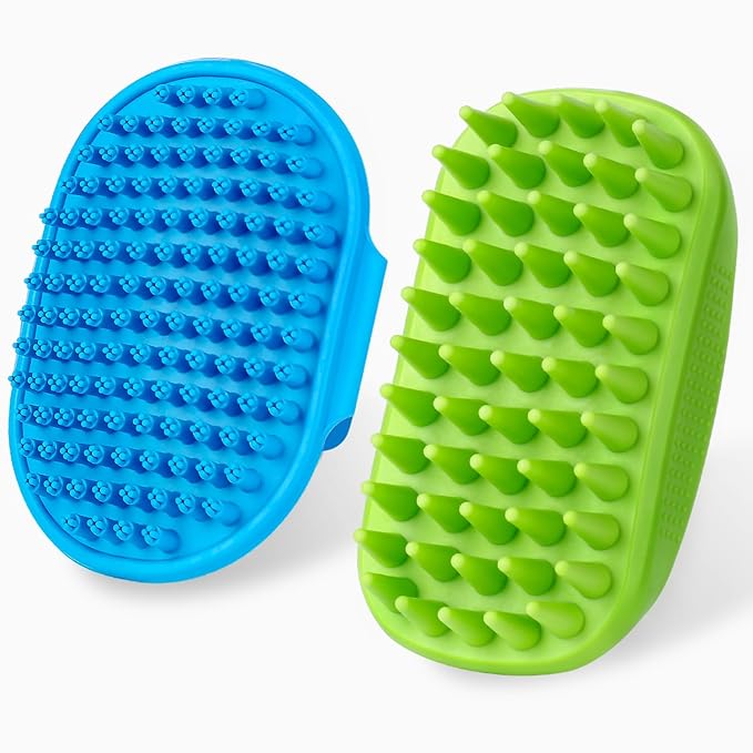 2PCS Dog Bath Brush with Adjustable Handle, Suitable for Pets Deshedding, Washing, Massaging & Grooming (Blue Green)