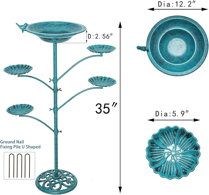35 "H Cast Iron Base Bird Bath for Outside, Metal Bird Feeding Bowl Tray, Metal Bird Bath Garden Patio Decor(Green)