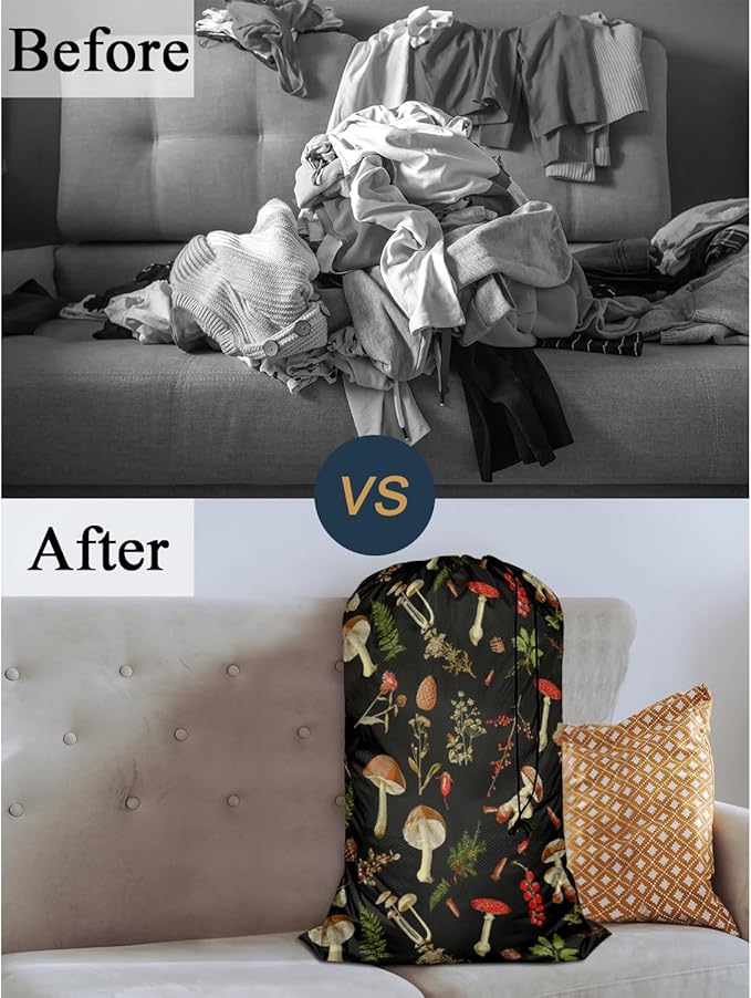 Swono Mushrooms Laundry Bag Drawstring Closure Fall Jungle Theme Floral Cherry Exotic Botanical Plant Heavy Duty Laundry Portable for College Dorm Room Essentials for Travel Camp