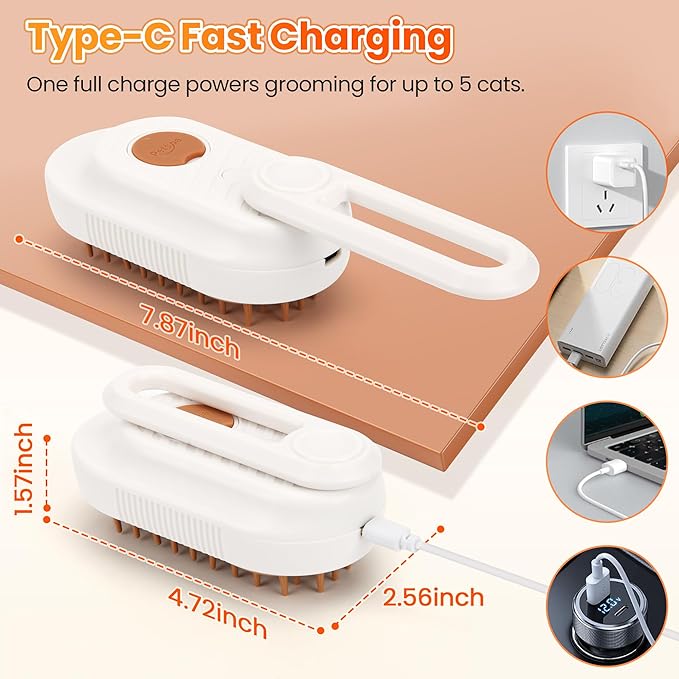Cat Steam Brush for Shedding, 4-in-1 Rechargeable Steam Pet Brush for Cats & Dogs, Anti-Static, Gentle Fur Removal & Combing, Ideal for Short & Long Hair Pets, Easy to Use