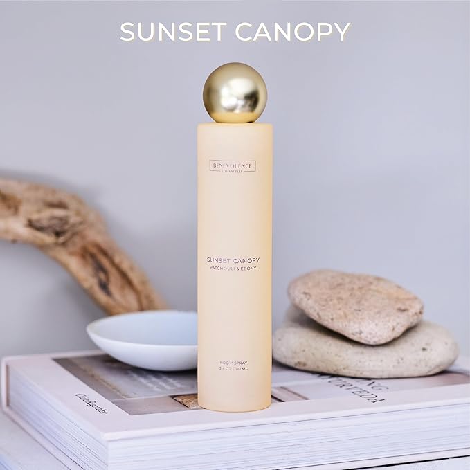 Benevolence LA Sunset Canopy Room Spray | Patchouli & Ebony | 3.4oz | Versatile Home Fragrance, Pillow & Linen Spray | Low VOC, No Alcohol | Malibu Sands Collection