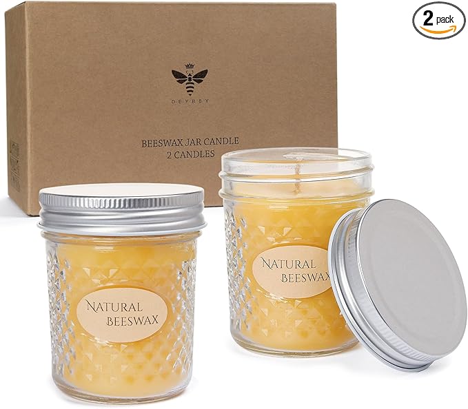 DEYBBY 2 Pack 5oz Beeswax Jar Candles Set - Beeswax Candles Gift - Handpour Candles with Natural Honey Scent, Each 26 Hrs Burn