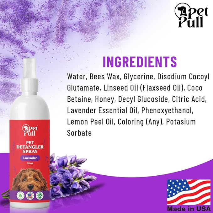 Detangler Spray - Dog Grooming Puppy Detangler Spray to Comb Through Knots, Mats, and Tangles - Detangling Spay for Dogs Pet Lavender Scent - Made in The USA (16 Oz)