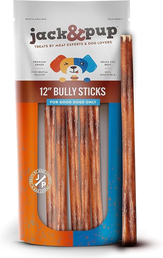 Jack&Pup 12-inch Premium Grade Odor Free Bully Sticks Dog Treats (18 Pack) 12” Long All Natural Gourmet Dog Treat Chews Fresh and Savory Beef Flavor – Long Lasting Treat