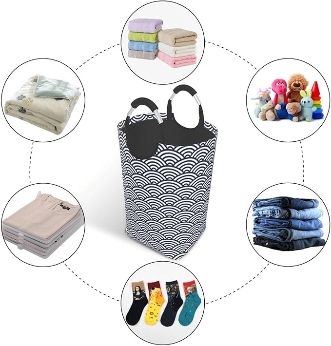Blue Waves Laundry Basket Navyblue Hamper Collapsible Laundry Baskets with Handle Laundry Bag Dirty Clothes Hamper for Dorm Family Bathroom Decor Storage 50L