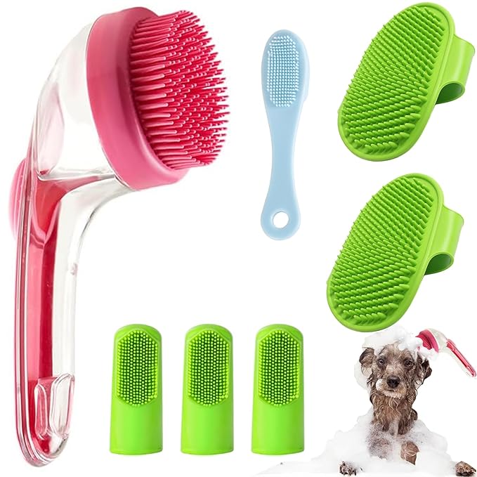 7 PCS Pet Bath Brush Set, Dog Bath Brush with Shampoo Dispenser, Cat Chin Cleaning Brush, Dog Toothbrush, Adjustable Glove Massage Brush Pet Scrubber for Bathing Long Short Haired Dogs Cats (Rose Red)