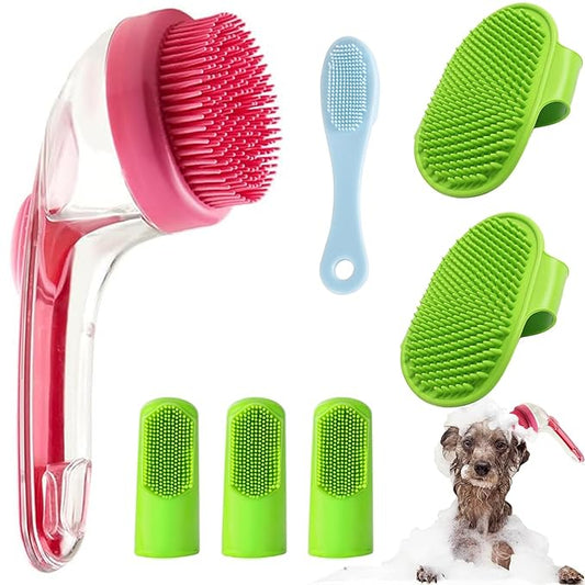 7 PCS Pet Bath Brush Set, Dog Bath Brush with Shampoo Dispenser, Cat Chin Cleaning Brush, Dog Toothbrush, Adjustable Glove Massage Brush Pet Scrubber for Bathing Long Short Haired Dogs Cats (Rose Red)