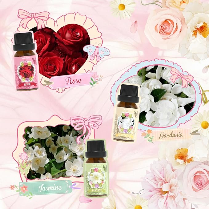 Floral Essential Oils Set, Fragrance Oil Gift Set for Diffuser, Natural Scent Diffuser Oil for Candle Making- Rose, Gardenia, Jasmine, Honeysuckle, Violet, Lilac