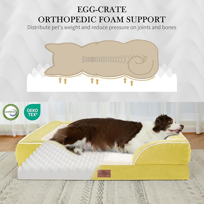 Comfort Expression Orthopedic Dog Bed for Large Dogs 38x25 Inch, Waterproof Egg Crate Foam Large Pet Bed with Removable Bolsters, Dog Couch with Washable Cover & Non-Slip Bottom, Spicy Mustard
