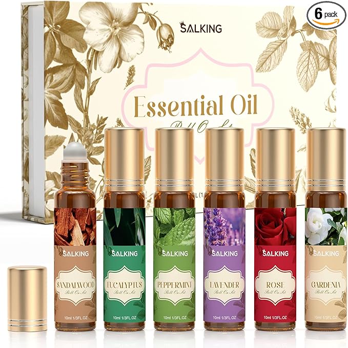 SALKING Essential Oils Roll On Set (6 Pack), Aromatherapy Oil with Roller Ball for Skin Use, Natural Fragrance Gift for Women and Men - Sandalwood, Eucalyptus, Peppermint, Lavender, Rose, Gardenia