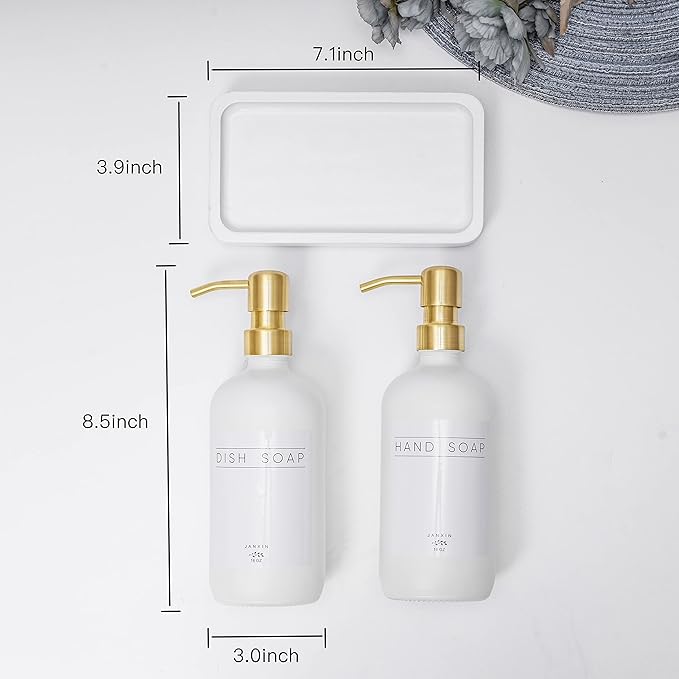 Glass Soap Dispenser for Kitchen with Stainless Steel Pump and Wood Tray, Modern Bathroom Dispenser with Waterproof Labels for Hand, Dish Soap, Lotion(White Bottles+Gold Pumps)