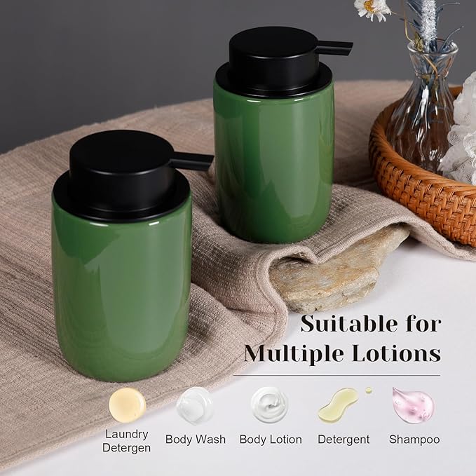 INGOFIN Ceramic Lotion Soap Dispenser Set, 2 Pack (12 oz) Bathroom Hand Soap Dispenser with Pump, Liquid Hand and Dish Soap Dispenser Set, 4 Pcs Clear Stickers, for Kitchen, Bathroom-Olive Green