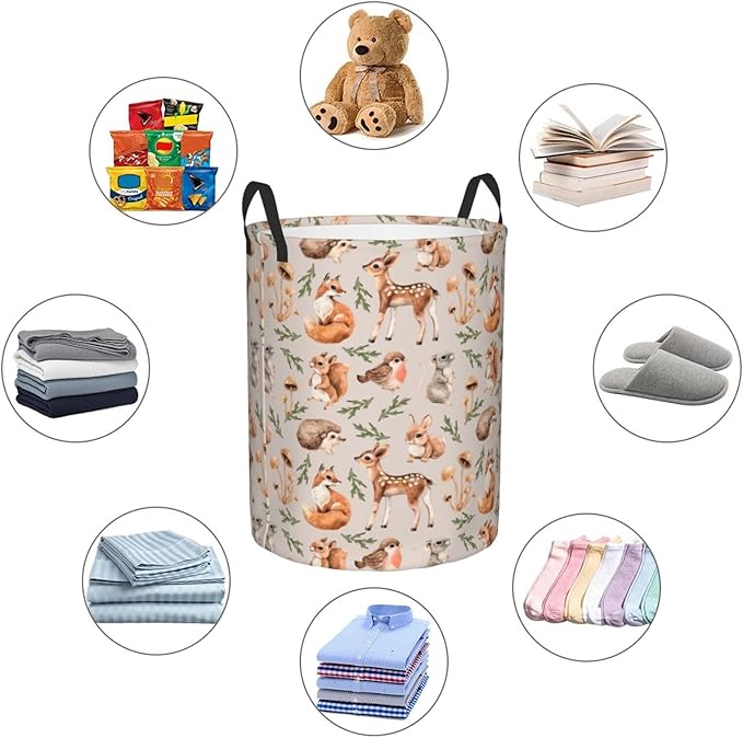 Forest Little Animal Laundry Hamper Bag, Deer Squirrel Hedgehog Fox Round Laundry Basket Foldable Clothes Storage Organizer For Bathroom Bedroom Nursery Dorm, M-19.6"X 15.7"