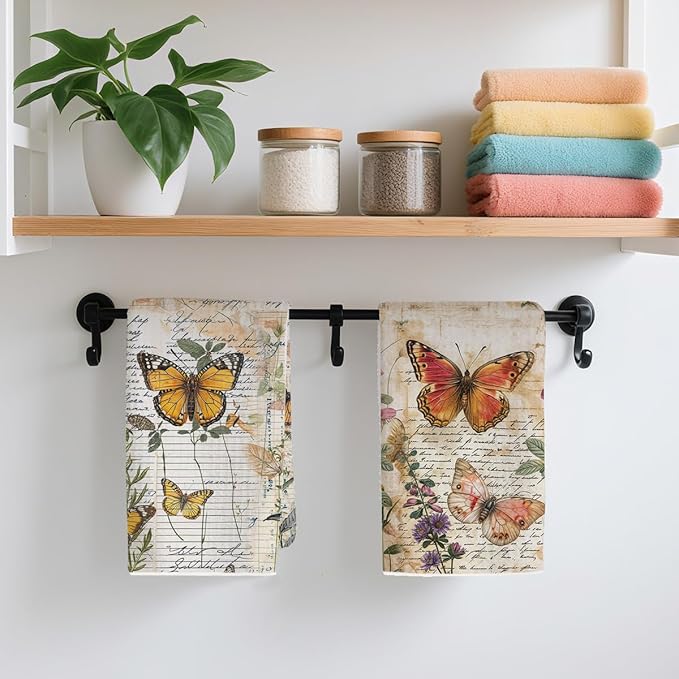 2 Pcs Vintage Butterfly Kitchen Towels, Rustic Botanical Decorative Absorbent Microfiber Dish Cloth Tea Towel, Artistic Waffle Soft Hand Towels for Farmhouse Home Bathroom, Butterfly Gifts 1