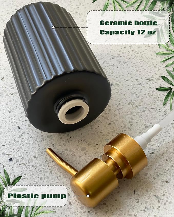 Ceramic Hand Soap Dispenser with Plastic Pump, Simple Style Gold and Black Cylindrical Dispenser