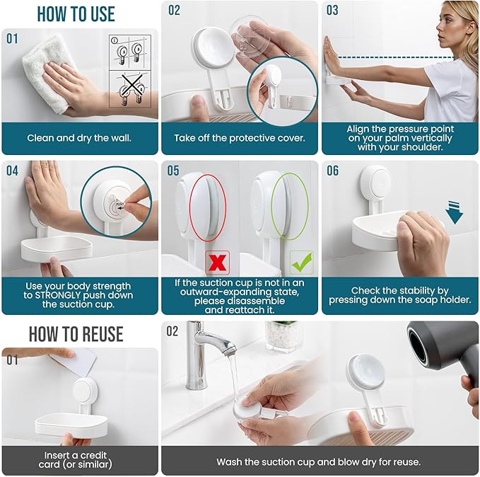 TAILI Soap Dish Soap Holder Suction Cup Powerful Vacuum Suction, Strong Sponge Holder for Shower, Bathroom, Tub and Kitchen Sink, Drill-Free, Removable