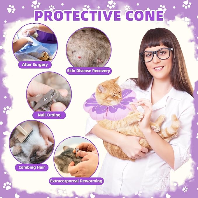 PUPTECK Cat Cone Collar Soft, Adjustable Protective Recovery Flower Collar Alternative, Comfortable Elizabethan Cat Collar Lightweight Stop Licking Neck Cone for Cats After Surgery, Purple, M