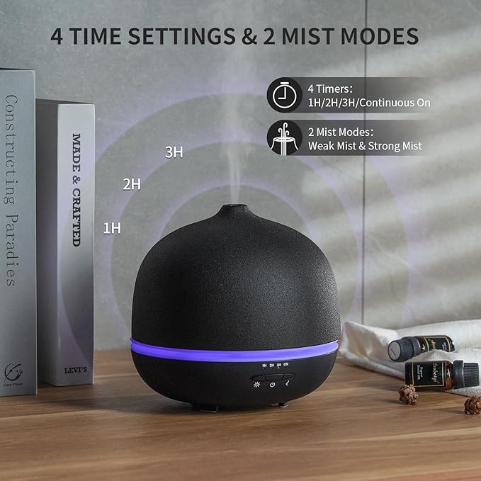 Wanlola 500ml Essential Oil Diffuser,Black Large Ceramic Diffusers,Ultrasonic Cool Mist Humidifier with 4 Timer & 10 Colors Light for Home,Gift