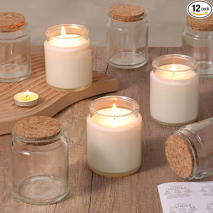 12Pcs Candle Jars for Making Candles, 7.5oz Glass Jars with Wooden Lids and Labels, Candle Containers for DIY, Gifts, Candle Making Supplies, Table Decor