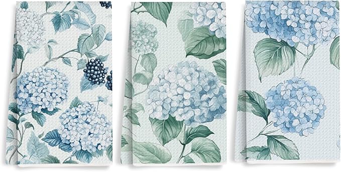3 Pcs Blue Hydrangea Kitchen Towels, Farmhouse Blue Hydrangea Decor Summer Flowers Decorative Spring Floral Tea Dish Towels , Waffle Soft Hand Towel for Farmhouse Kitchen Bathroom, Housewarming Gifts