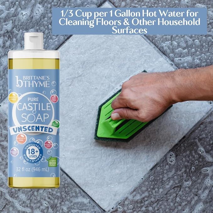 Brittanie’s Pure Castile Liquid Soap Refill, Unscented, 32 Ounce Pack of 2 | Dish Soap, Hair & Body, Home, Gentle and Pure, Made with Natural Luxurious Oils, Vegan & Gluten Free Non-GMO