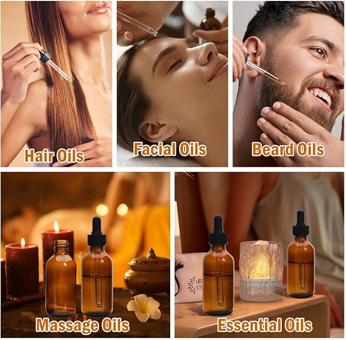 June Fox 2oz Glass Dropper Bottle, Amber Glass Bottles with Droppers and Black cap for Essential Oils, Lab Chemicals, Perfumes, Pack of 20