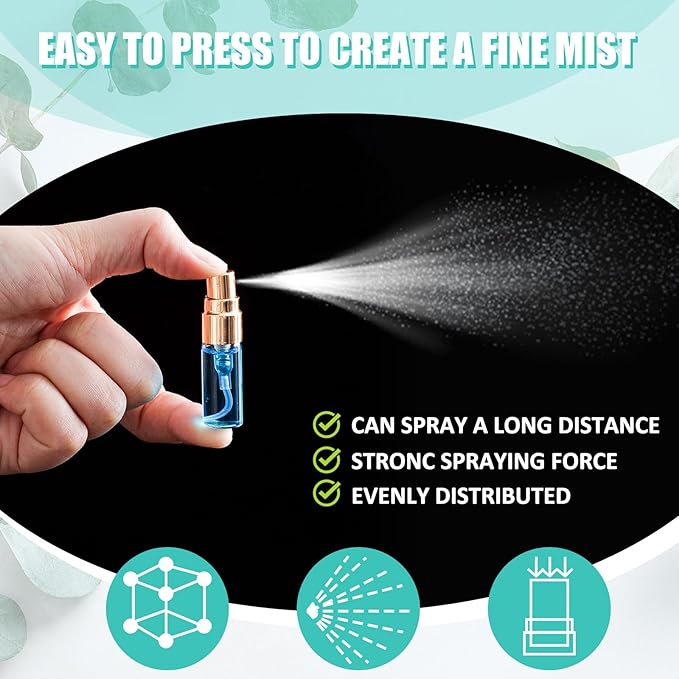 Zhehao 100 Pcs Mini Spray Bottles 3 ml Clear Glass Perfume Bottles Refillable Fine Mist Perfume Atomizer Portable Empty Sample Containers for Cleaning, Essential Oils, Travel (Gold Cap)