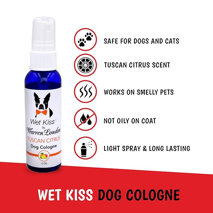 Warren London Wet Kiss Dog Cologne Spray – Tuscan Citrus | 2 oz Long-Lasting Odor Eliminator & Coat Freshener for Dogs & Cats