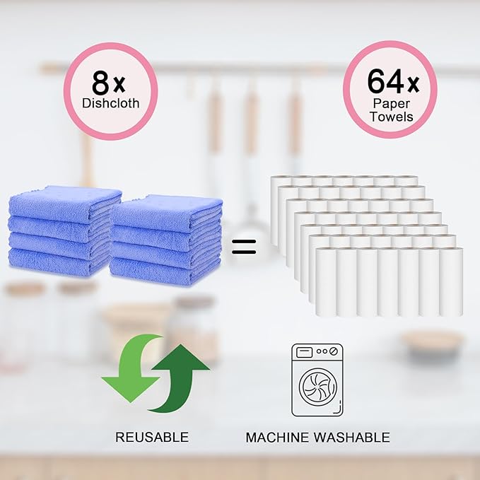 kimteny Kitchen Cloth Dish Towels, 13x28 Inches Premium Dishcloths, Super Absorbent Coral Velvet Microfiber Cleaning Cloths, Fast Drying Rags for Washing Dishes (13x28-8 Pack, Blue)