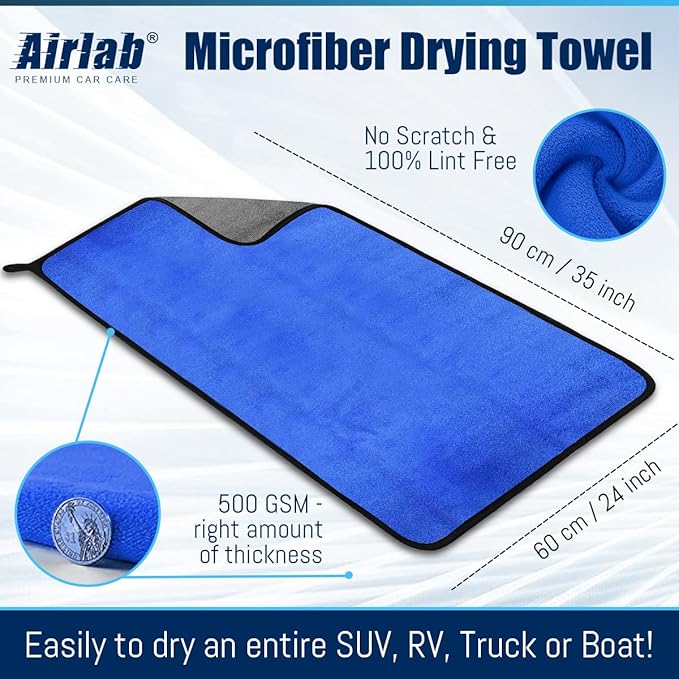 Airlab Microfiber Towels for Cars Wash Drying Thick Plush Cleaning Cloth Auto Detailing Super Absorbent for Interior & Exterior Lint Free, Streak Free, 35 x 24 Inch, 500 GSM, Pack of 1