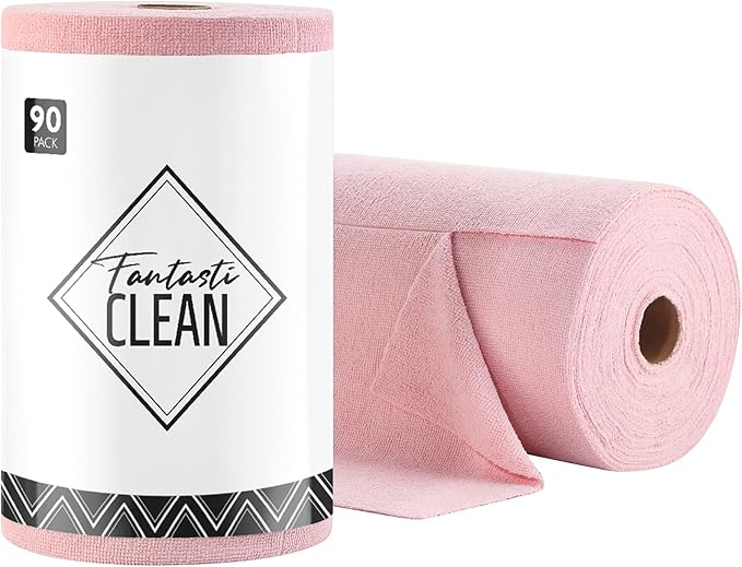 Fantasticlean Microfiber Cleaning Cloth Roll -90 Pack, Tear Away Microfiber Towels, 12" x 12", Reusable, Washable, Scratch Free, Ultra Absorbent Dishcloth for Car, Home Supplies, Pet, Kitchen (Pink)