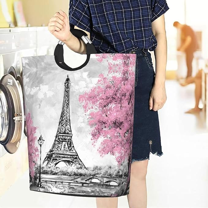 Paris Eiffel Tower Large Laundry Hamper Bag With Waterproof Liner - Laundry Basket Foldable Clothes Storage Organizer For Bathroom Bedroom Nursery Dorm