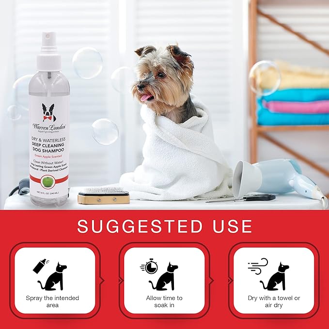 Warren London Waterless Dog Shampoo 8 oz – Green Apple No-Rinse Dry Shampoo Spray | Instant Deodorizer for Smelly Pets, Itch Relief, Dye-Free & Cruelty-Free | Made in USA
