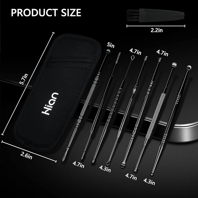 Hion 8 Pcs Ear Wax Removal Kit,Professional Double-Headed Ear Pick Earwax Removal Tools,316L Stainless Steel Ear Cleaner Curette with Cleaning Brush and Storage Box,Suit for Kid Adult(Black)
